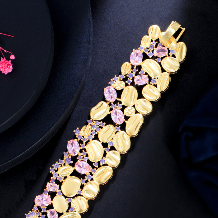 Chunky Wide Matte 18k Gold Plated Bracelet with Unique Purple Pink Cubic Zirconia Crystal – Stylish Jewelry for Women