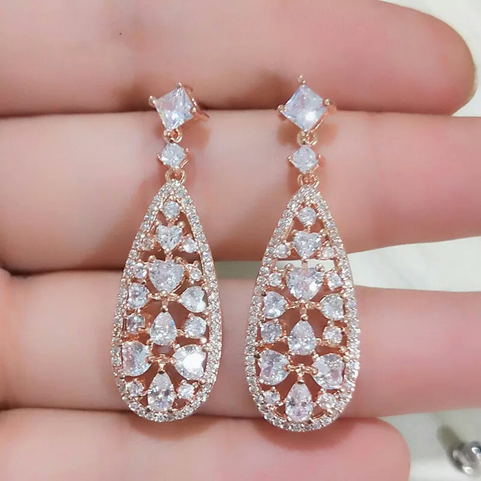 Trendy 18K Gold Plated Long Drop Earrings for Women – Romantic Heart Design with Clear Cubic Zirconia for Luxury Wedding and Bridal Fashion