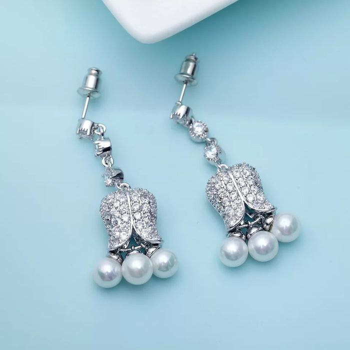 Brilliant Tulip Design Drop Earrings for Women: 18k White Gold Plated with Clear White Cubic Zirconia & Simulated Pearl Tassel