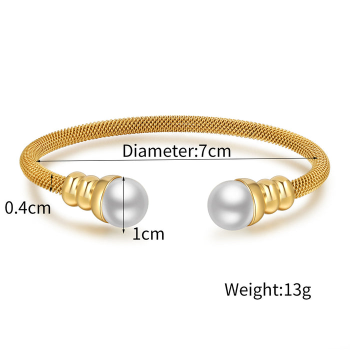 Elegant Gold Plated Stainless Steel Open Cuff Bangles for Women – Inlay Pearl and Beaded Bracelet Jewelry