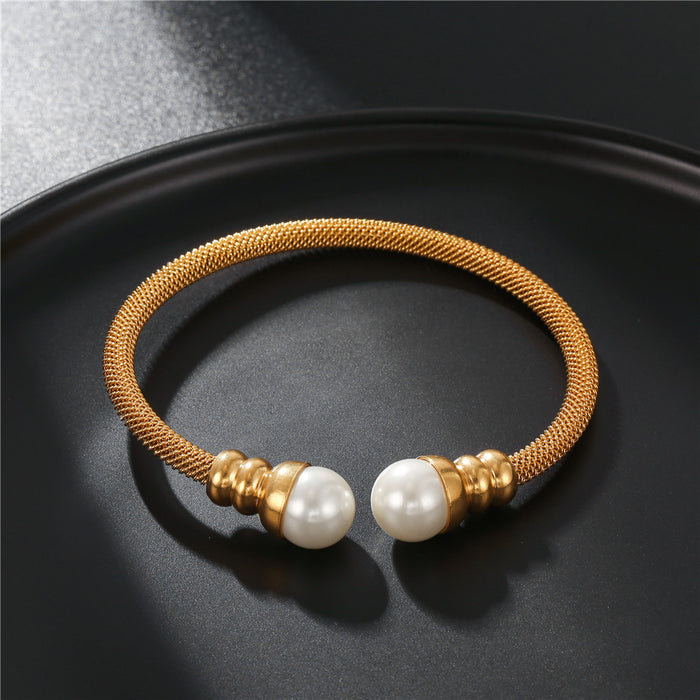 Elegant Gold Plated Stainless Steel Open Cuff Bangles for Women – Inlay Pearl and Beaded Bracelet Jewelry