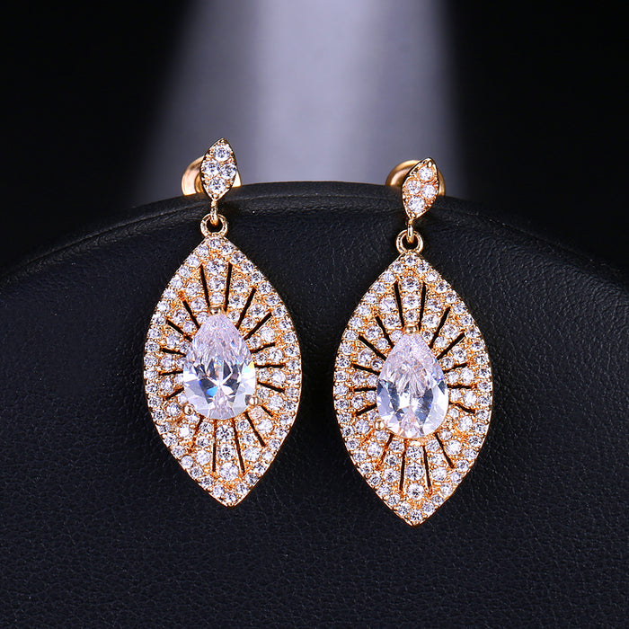 Luxury Dazzling Gold Plated Big Leaf Shape Zircon Drop Earrings for Women – Crystal Wedding Jewelry