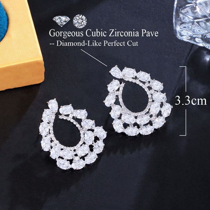 Sparkling White Oval and Round Cubic Zirconia Big Stud Earrings for Women – Silver Plated Jewelry