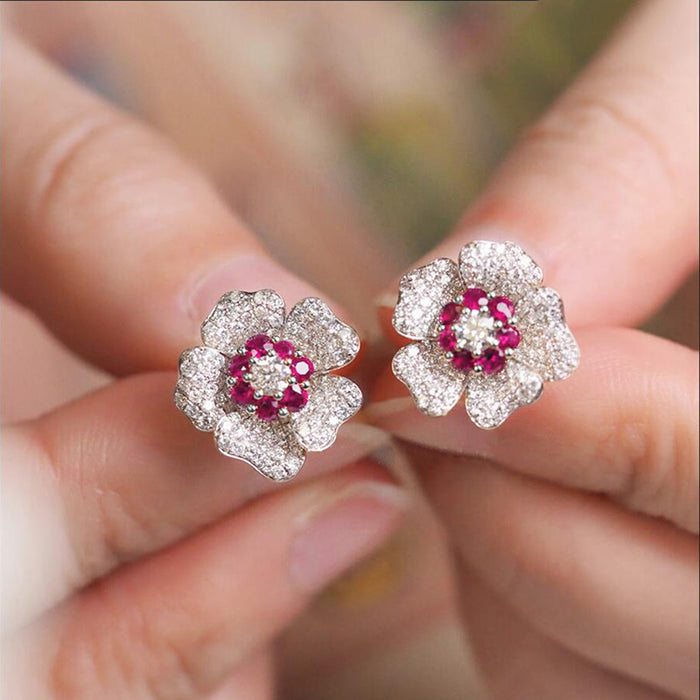 18K White Gold Plated Bling Flower Stud Earrings | Trendy Women's Jewelry with Red Cubic Zirconia