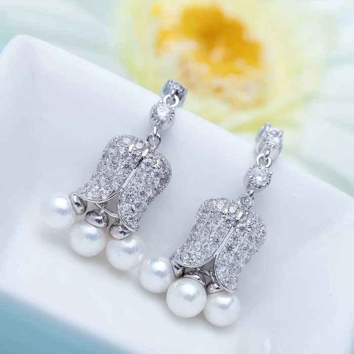 Brilliant Tulip Design Drop Earrings for Women: 18k White Gold Plated with Clear White Cubic Zirconia & Simulated Pearl Tassel