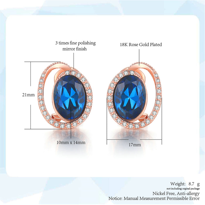 Luxury Rose Gold Plated Ellipse Blue Crystal Ear Clip Earrings with Zirconia for Women - Perfect for Dinner Parties & Fashion Accents