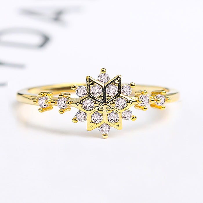 Cute Snowflake Rings for Women | Light Gold Plated Wedding Zircon Ring