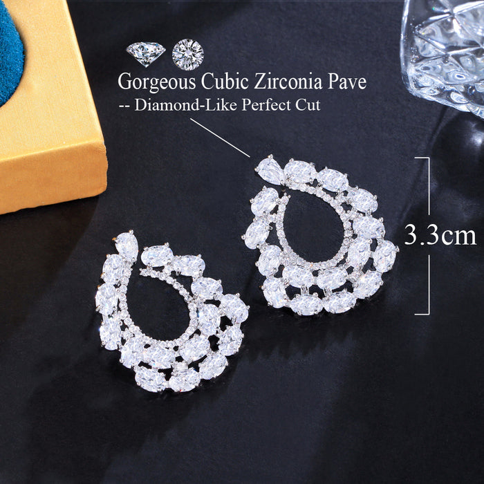 Sparkling White Oval Round Cubic Zirconia Big Stud Earrings for Women – Silver Plated Party Costume Jewelry