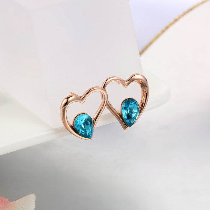 18k Gold Plated Sea Blue Crystal Heart Stud Earrings for Women | Premium AAA+ Austrian Crystals | Eco-Friendly Copper Jewelry