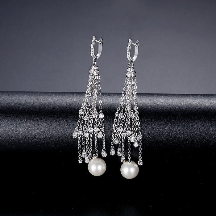 Luxury 18k White Gold Plated Waterdrop Tassel CZ Pendant Chandelier Earrings for Women – Bridal Imitation Pearl Jewelry