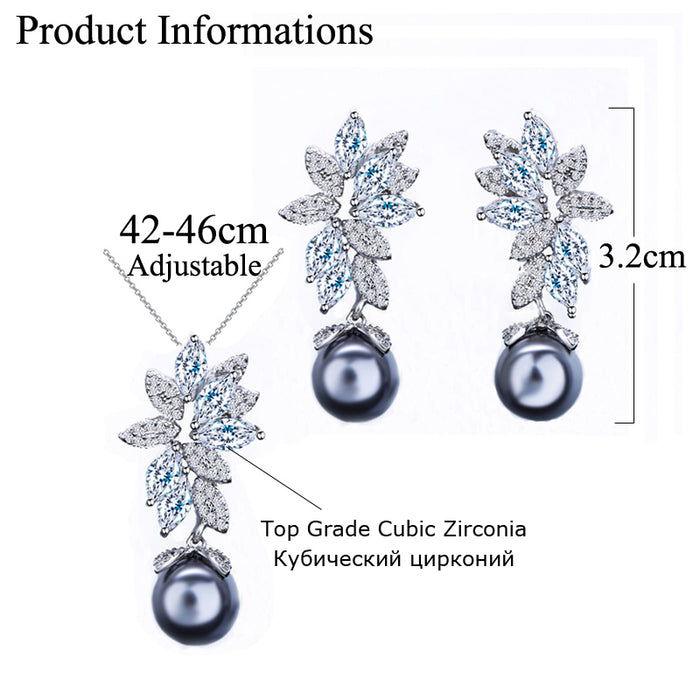 18k White Gold Plated Chic Gray Pearl & Cubic Zirconia Flower Necklace and Earrings Set for Women - Trendy Statement Jewelry