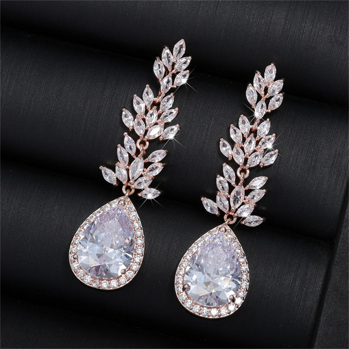 Elegant 18k Gold-Plated Leaf Crystal Long Bridal Earrings for Women | Water Drop Design with Cubic Zirconia | Perfect Wedding Jewelry