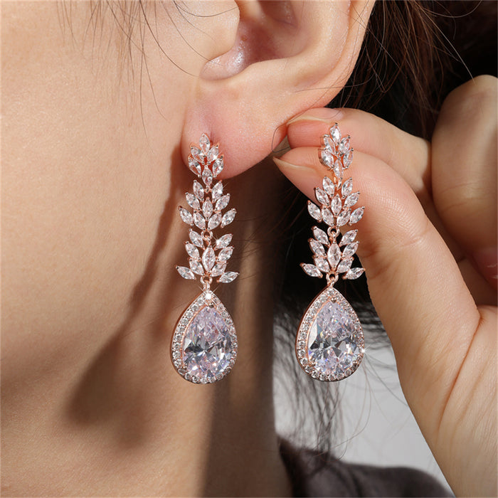 Elegant 18k Gold-Plated Leaf Crystal Long Bridal Earrings for Women | Water Drop Design with Cubic Zirconia | Perfect Wedding Jewelry