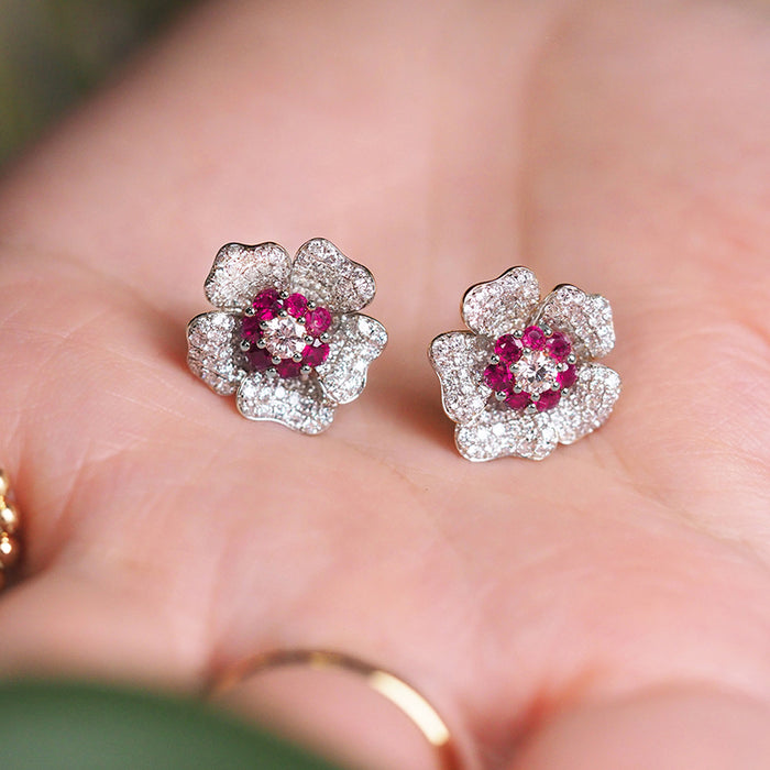 18K White Gold Plated Bling Flower Stud Earrings | Trendy Women's Jewelry with Red Cubic Zirconia