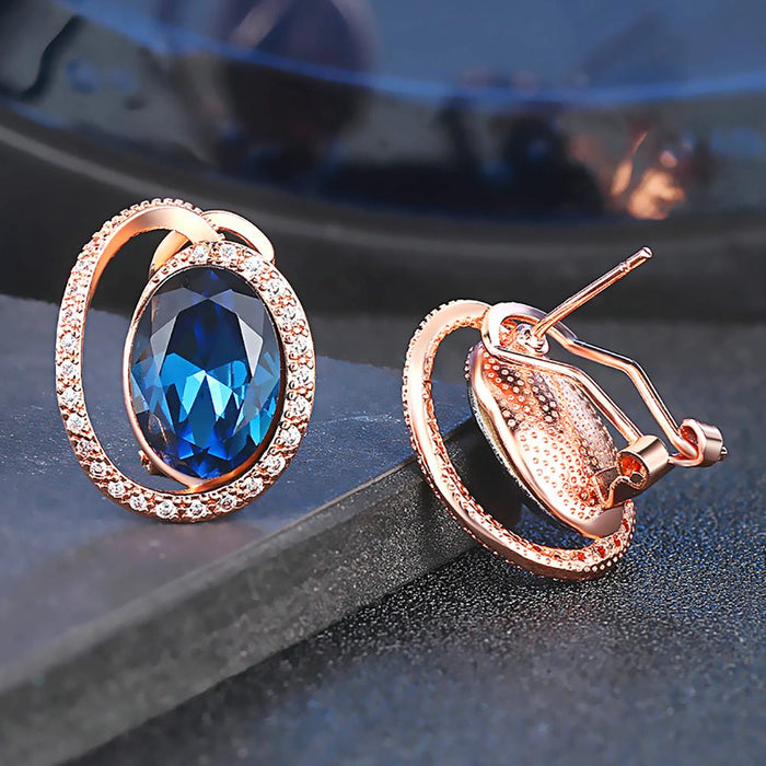 Luxury Rose Gold Plated Ellipse Blue Crystal Ear Clip Earrings with Zirconia for Women - Perfect for Dinner Parties & Fashion Accents