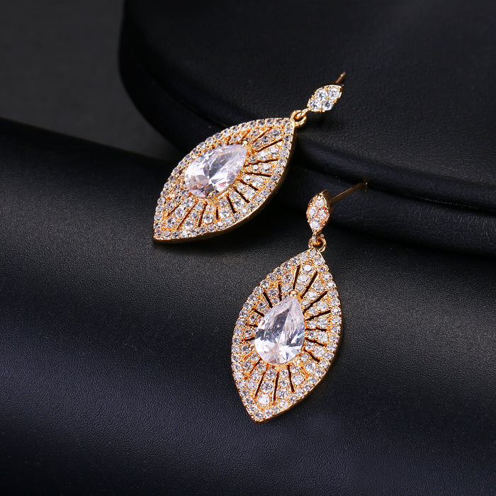 Luxury Dazzling Gold Plated Big Leaf Shape Zircon Drop Earrings for Women – Crystal Wedding Jewelry