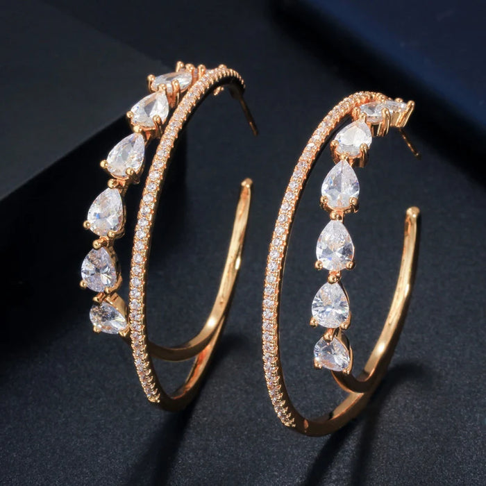 Zircons Glitter 18k Gold Plated Big Double Circle Hoop Earrings - Elegant CZ Zirconia Fashion Jewelry for Women