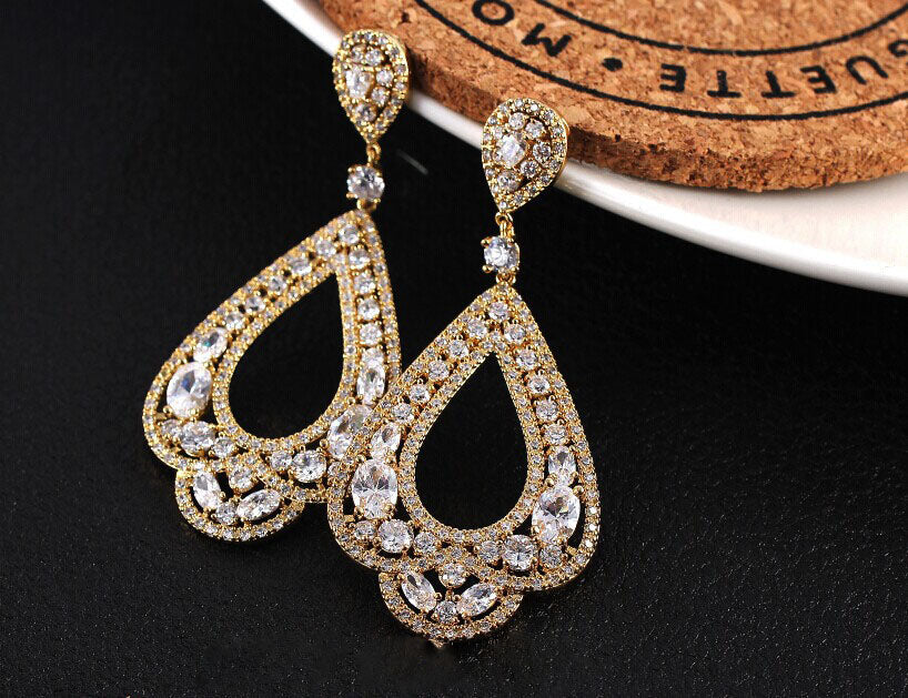 Elegant 18K Gold Plated Long Dangle Big Hollow Water Drop Earrings with Cubic Zirconia – Perfect Bridal Wedding Party Jewelry