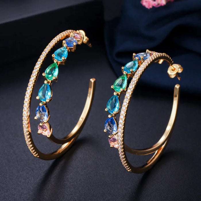 Zircons Glitter 18k Gold Plated Big Double Circle Hoop Earrings - Elegant CZ Zirconia Fashion Jewelry for Women