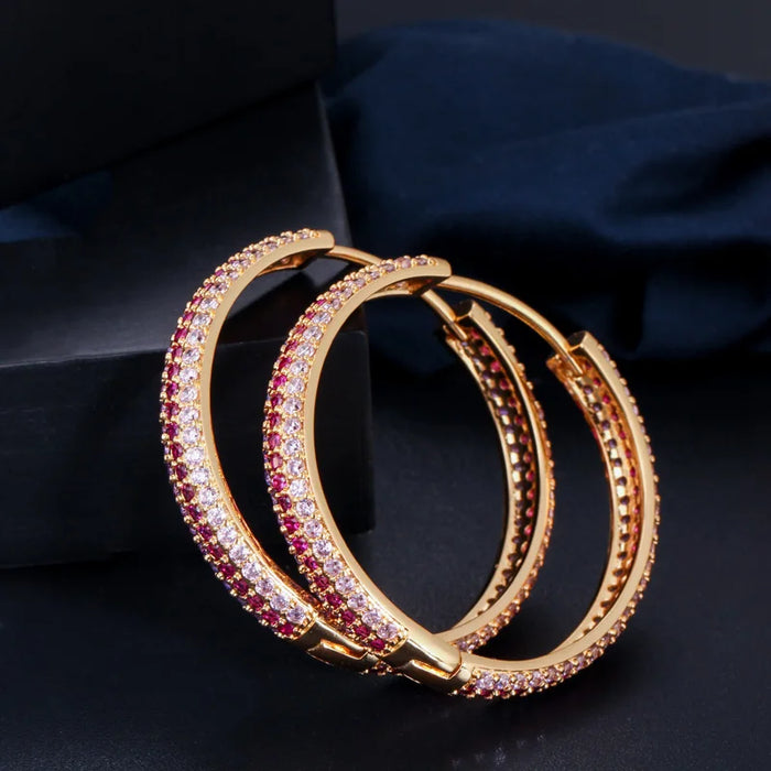 Luxury 18k Gold Plated Huggie Hoop Earrings for Women – Designer Rainbow Red & Purple Cubic Zirconia Big Round Zircons