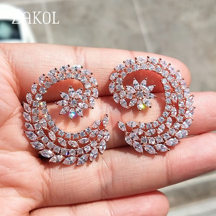 Luxury Rose Gold Plated Flower Stud Earrings with Marquise Zircon Crystals – Elegant Olive Branch Jewelry for Women