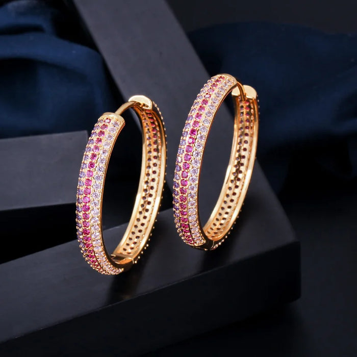 Luxury 18k Gold Plated Huggie Hoop Earrings for Women – Designer Rainbow Red & Purple Cubic Zirconia Big Round Zircons