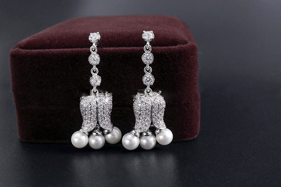 Brilliant Tulip Design Drop Earrings for Women: 18k White Gold Plated with Clear White Cubic Zirconia & Simulated Pearl Tassel