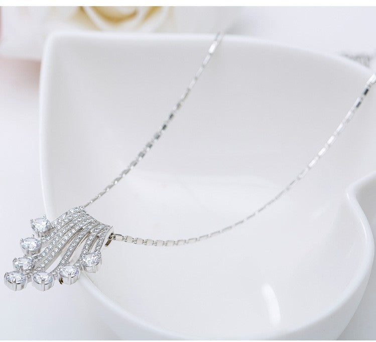 18k White Gold Plated Cubic Zirconia Geometric Flower Pendant Necklace with Tassel for Women