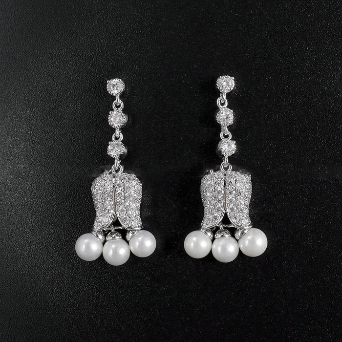 Brilliant Tulip Design Drop Earrings for Women: 18k White Gold Plated with Clear White Cubic Zirconia & Simulated Pearl Tassel