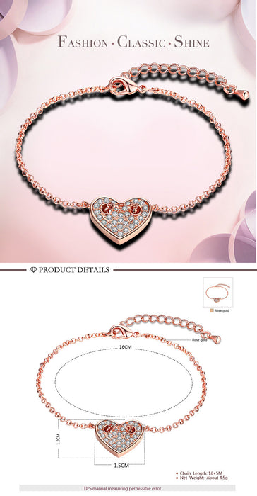 New Elegant Crystal Heart Chain Bracelets Bangle For Women 18k Rose Gold Plated