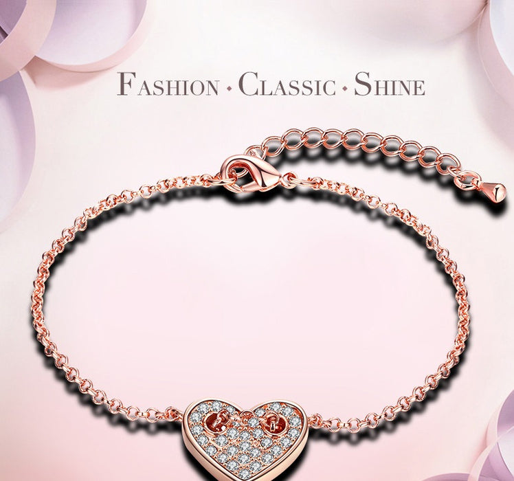 New Elegant Crystal Heart Chain Bracelets Bangle For Women 18k Rose Gold Plated