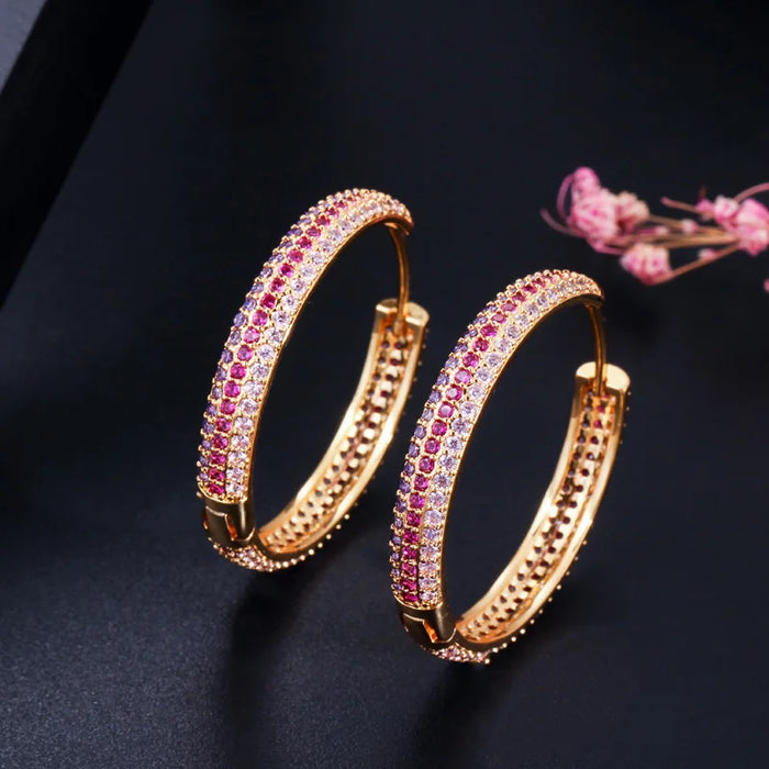 Luxury 18k Gold Plated Huggie Hoop Earrings for Women – Designer Rainbow Red & Purple Cubic Zirconia Big Round Zircons