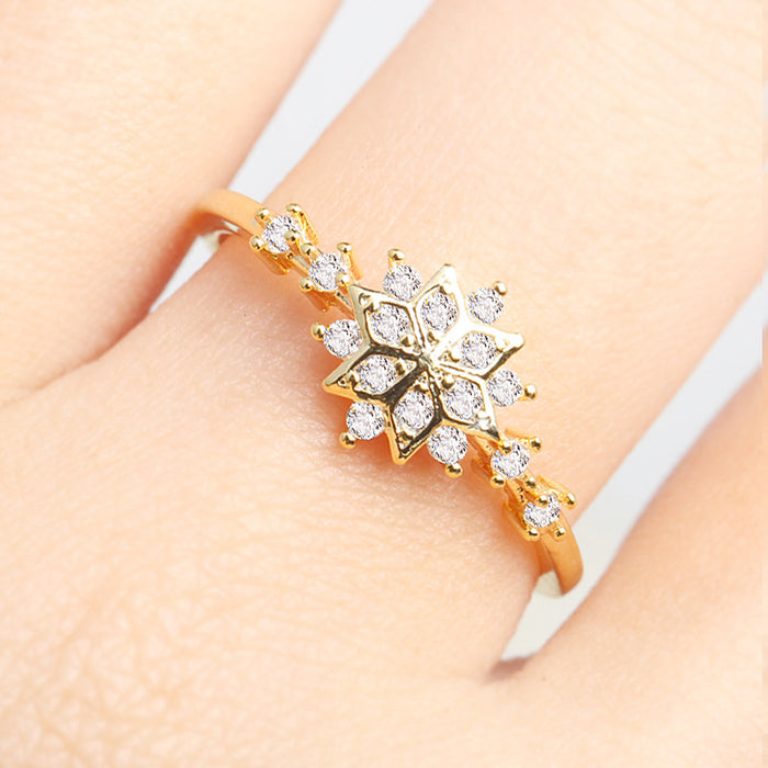 Cute Snowflake Rings for Women | Light Gold Plated Wedding Zircon Ring