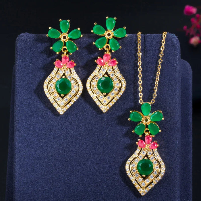 18k Gold Plated CZ Big Pineapple Flower Drop Earrings and Pendant Necklace Set for Women – Elegant Party Jewelry