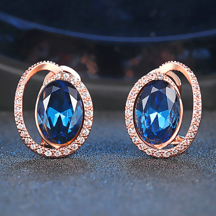 Luxury Rose Gold Plated Ellipse Blue Crystal Ear Clip Earrings with Zirconia for Women - Perfect for Dinner Parties & Fashion Accents