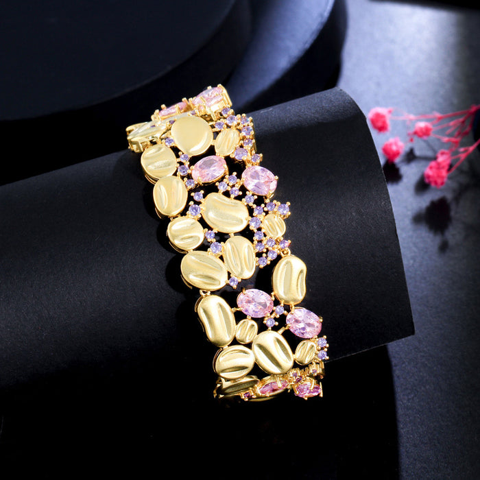 Chunky Wide Matte 18k Gold Plated Bracelet with Unique Purple Pink Cubic Zirconia Crystal – Stylish Jewelry for Women