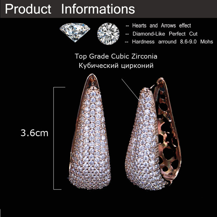 Gorgeous Rose Gold Plated Long Big Hoop Earrings with Zircons Full Micro Pave Cubic Zirconia Stones for Women