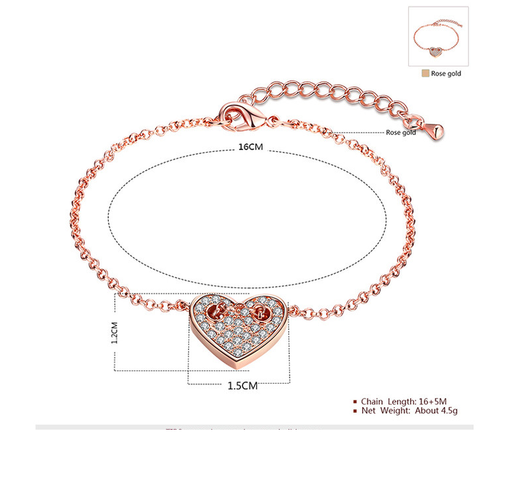 New Elegant Crystal Heart Chain Bracelets Bangle For Women 18k Rose Gold Plated