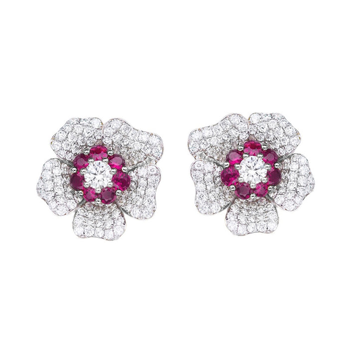 18K White Gold Plated Bling Flower Stud Earrings | Trendy Women's Jewelry with Red Cubic Zirconia