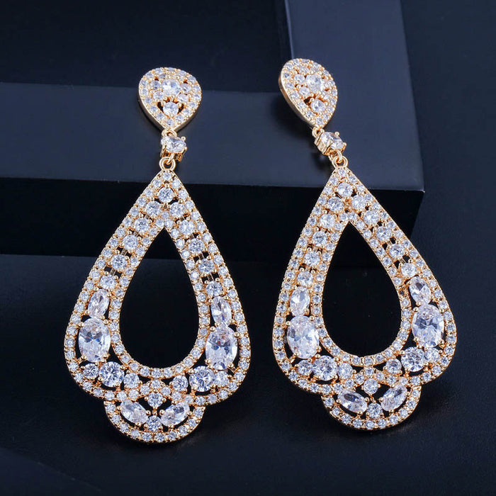 Elegant 18K Gold Plated Long Dangle Big Hollow Water Drop Earrings with Cubic Zirconia – Perfect Bridal Wedding Party Jewelry