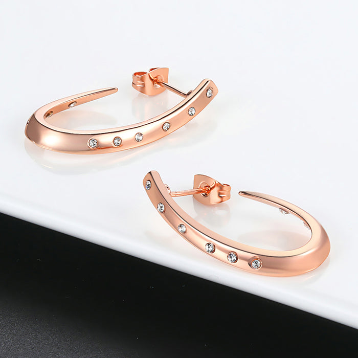 Fashionable Top Quality Austrian Crystal Stud Earrings for Women – Rose 18K Gold Plated Geometric Arc Shape Jewelry