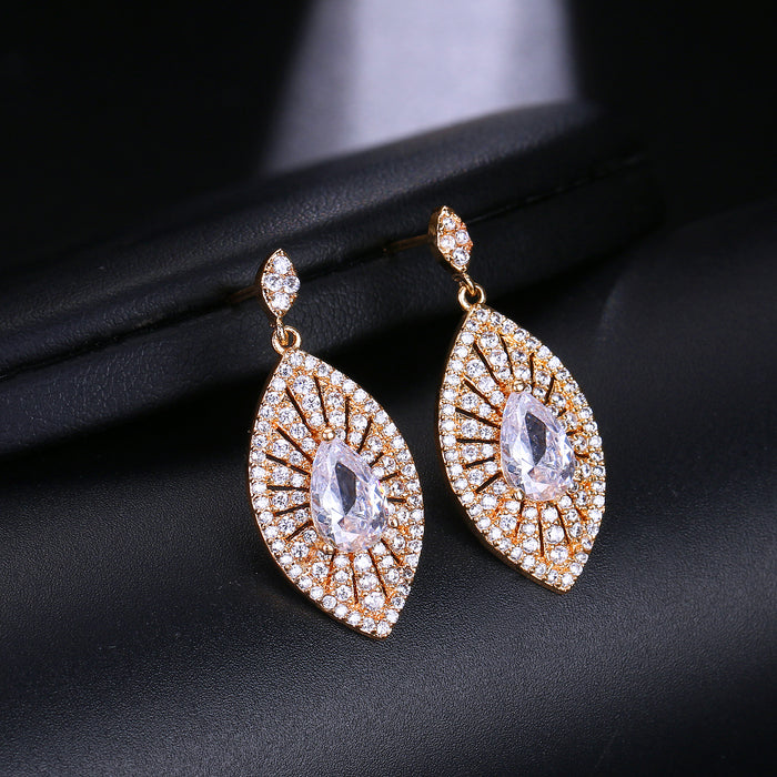 Luxury Dazzling Gold Plated Big Leaf Shape Zircon Drop Earrings for Women – Crystal Wedding Jewelry