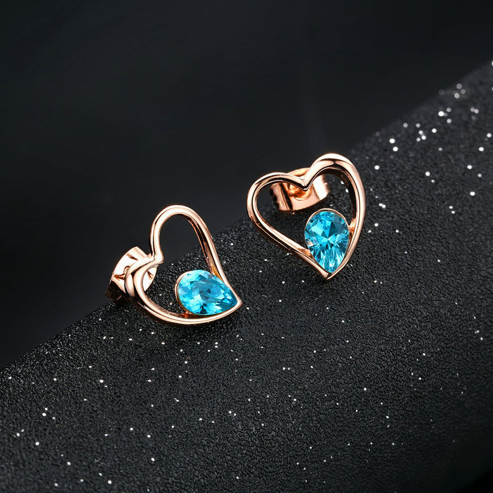 18k Gold Plated Sea Blue Crystal Heart Stud Earrings for Women | Premium AAA+ Austrian Crystals | Eco-Friendly Copper Jewelry