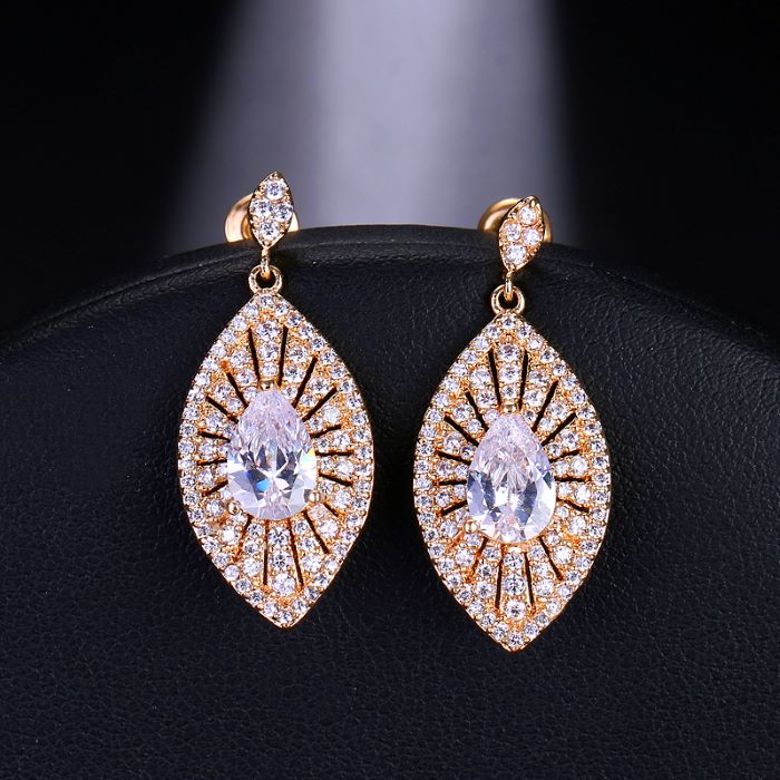 Luxury Dazzling Gold Plated Big Leaf Shape Zircon Drop Earrings for Women – Crystal Wedding Jewelry