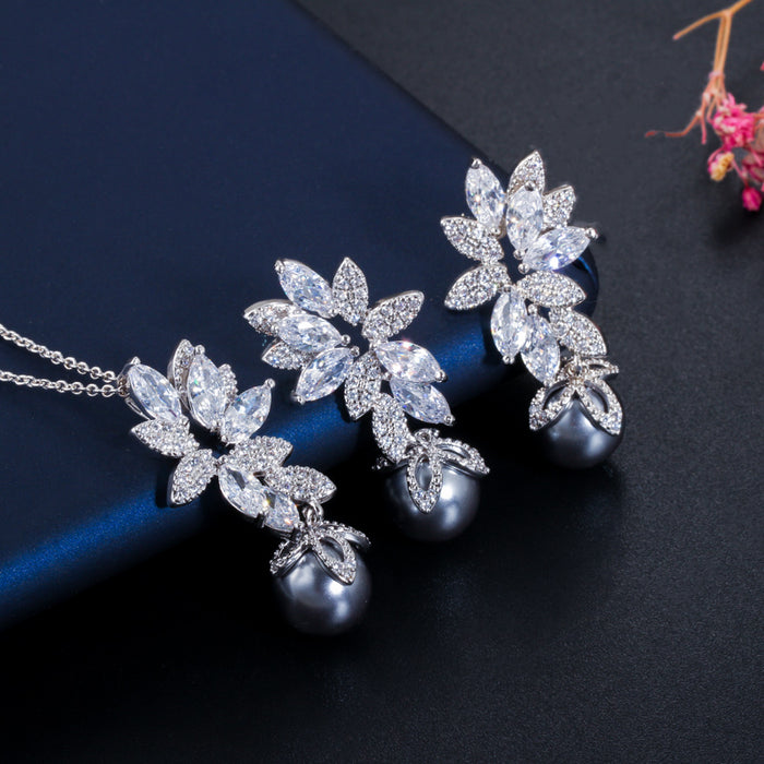 18k White Gold Plated Chic Gray Pearl & Cubic Zirconia Flower Necklace and Earrings Set for Women - Trendy Statement Jewelry