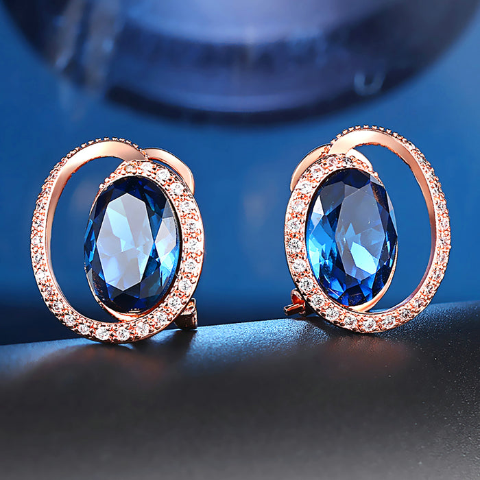 Luxury Rose Gold Plated Ellipse Blue Crystal Ear Clip Earrings with Zirconia for Women - Perfect for Dinner Parties & Fashion Accents