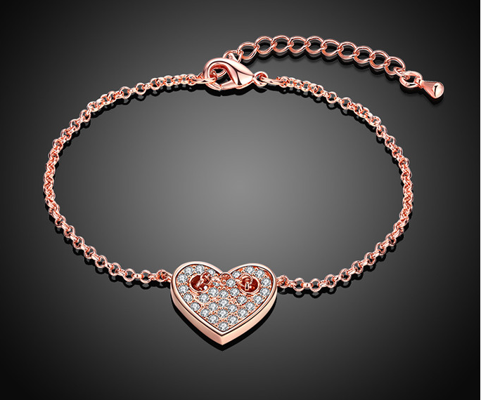 New Elegant Crystal Heart Chain Bracelets Bangle For Women 18k Rose Gold Plated