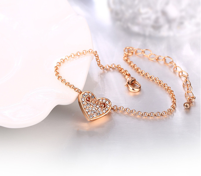 New Elegant Crystal Heart Chain Bracelets Bangle For Women 18k Rose Gold Plated