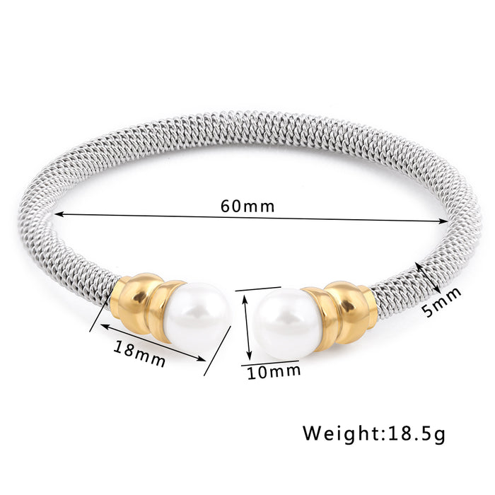 Elegant Gold Plated Stainless Steel Open Cuff Bangles for Women – Inlay Pearl and Beaded Bracelet Jewelry