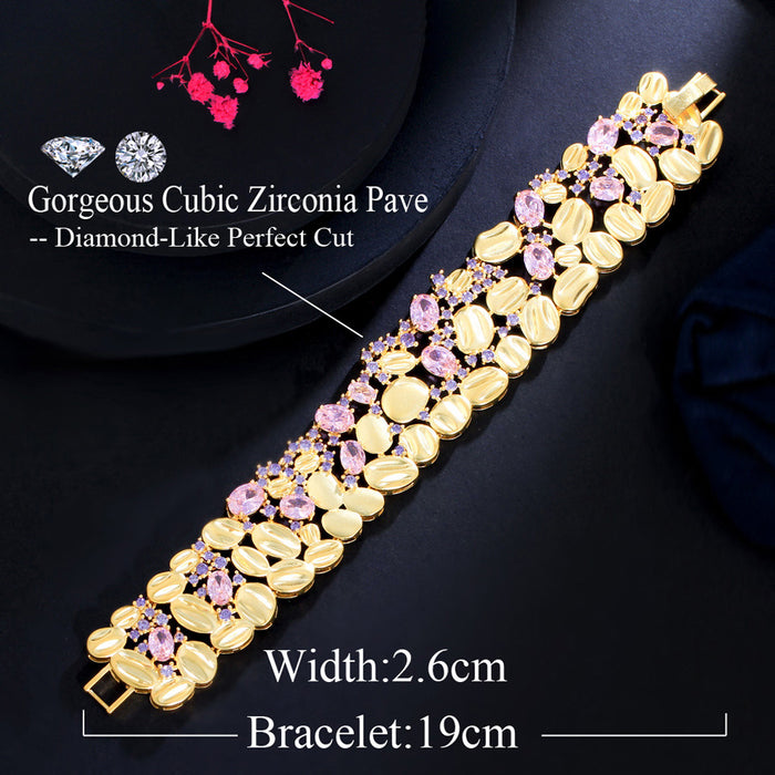 Chunky Wide Matte 18k Gold Plated Bracelet with Unique Purple Pink Cubic Zirconia Crystal – Stylish Jewelry for Women